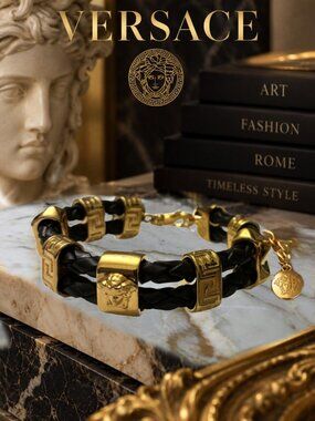 Authentic Iconic VERSACE Medusa Greca Double Braided Leather Cord Bracelet wCOA